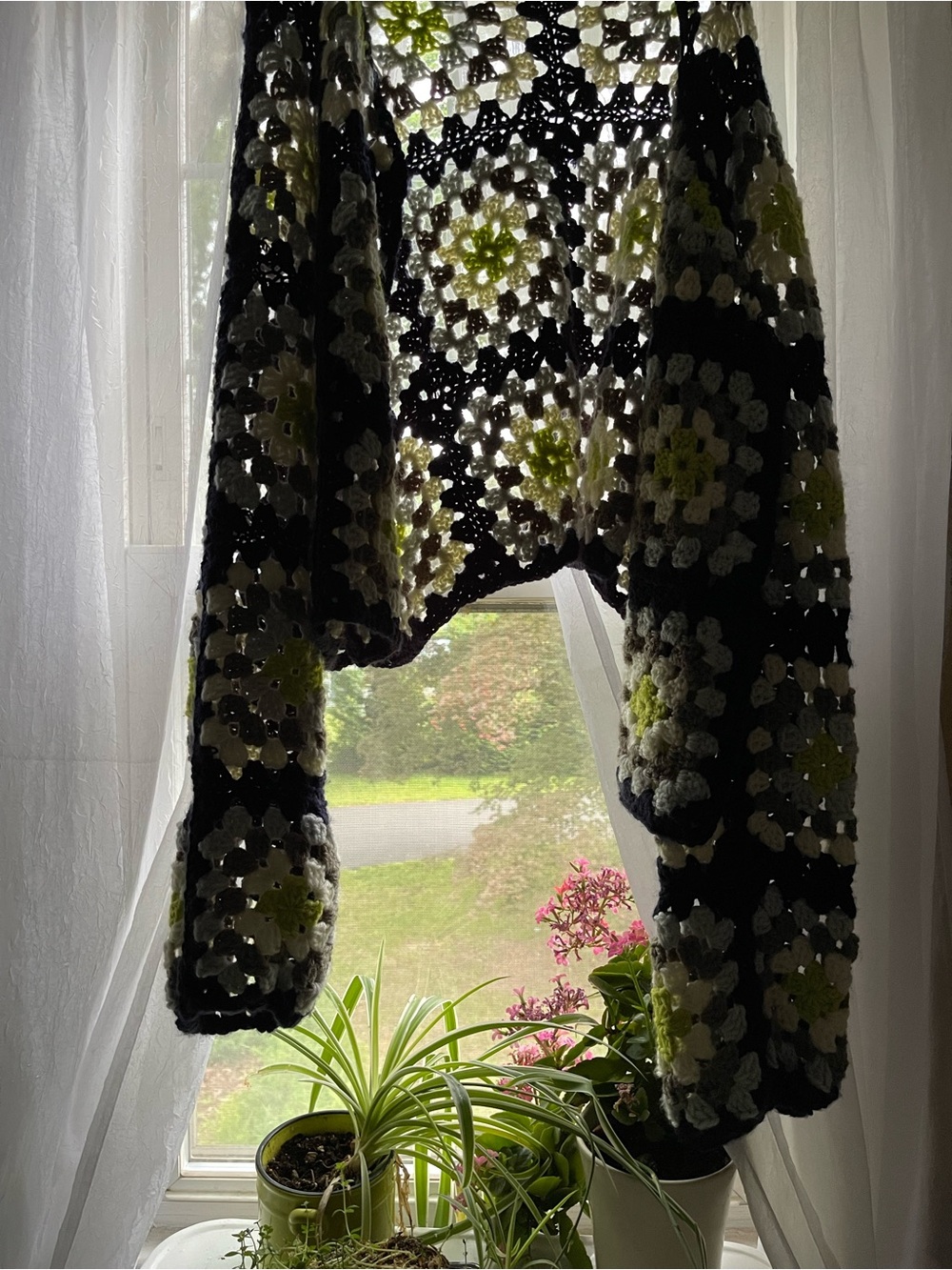 Handmade by me.  Crochet Granny Square Cardigan - Navy, grey, White & Lime.